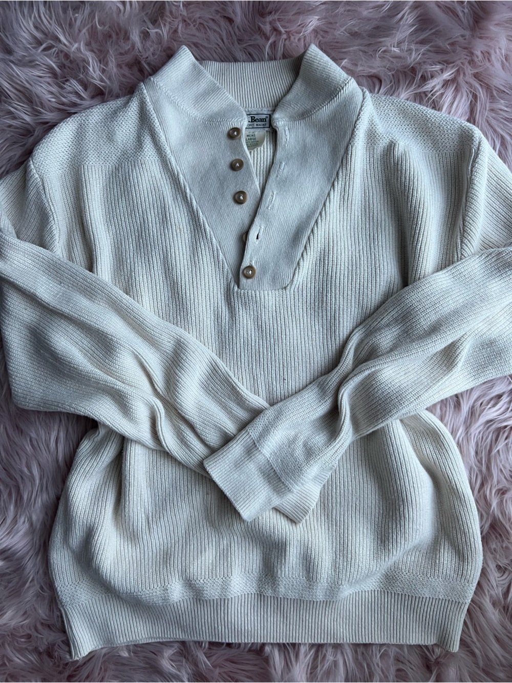 Vintage Made in USA L.L. Bean Off-the-Shoulder Cream Ribbed Button Pullover